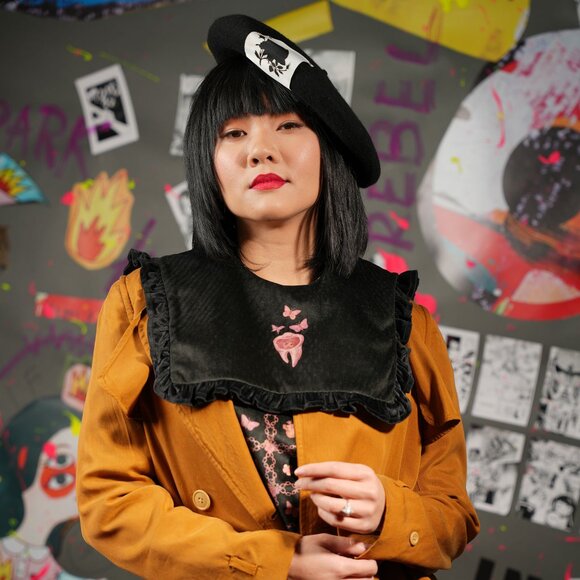 Harajuku Gothic Lolita Velvet Blouse with Playful Print and Collar, Size M - Picture 4 of 11